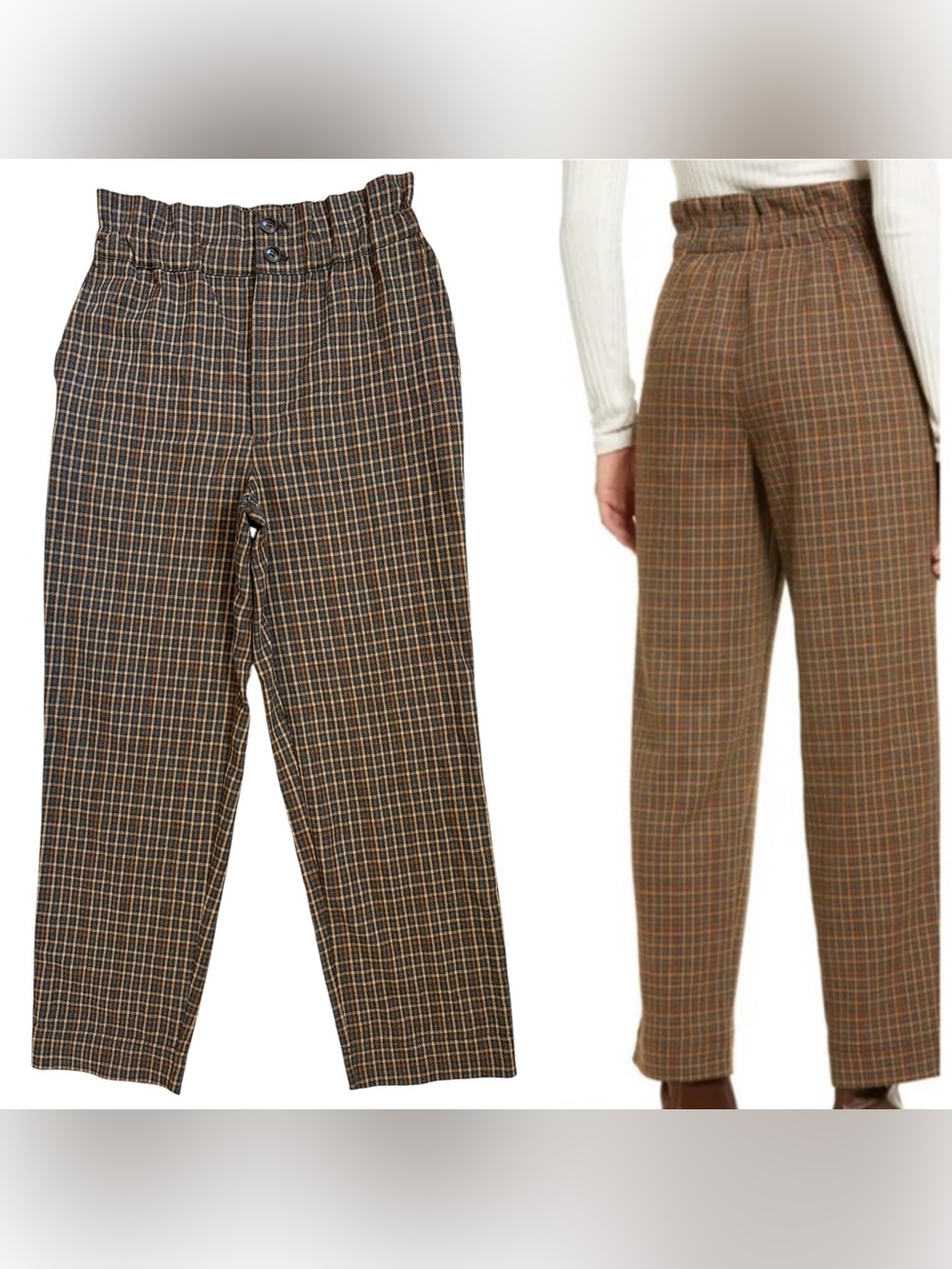 Madewell Brown Tan Blue Plaid Tapered Leg Paperbag Waist Trousers Size 00